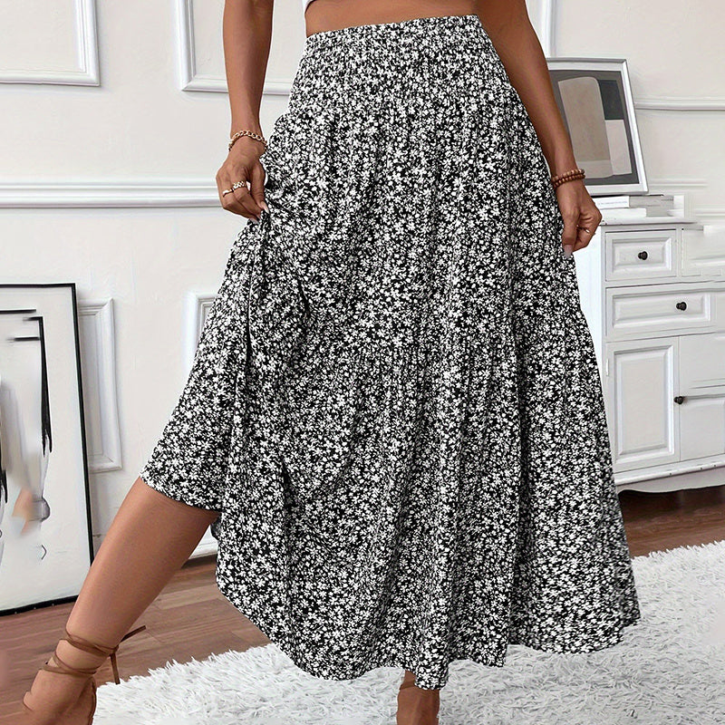 Floral Maxi Skirt - High Elastic Waist, Pleated A-Line Long Skirt