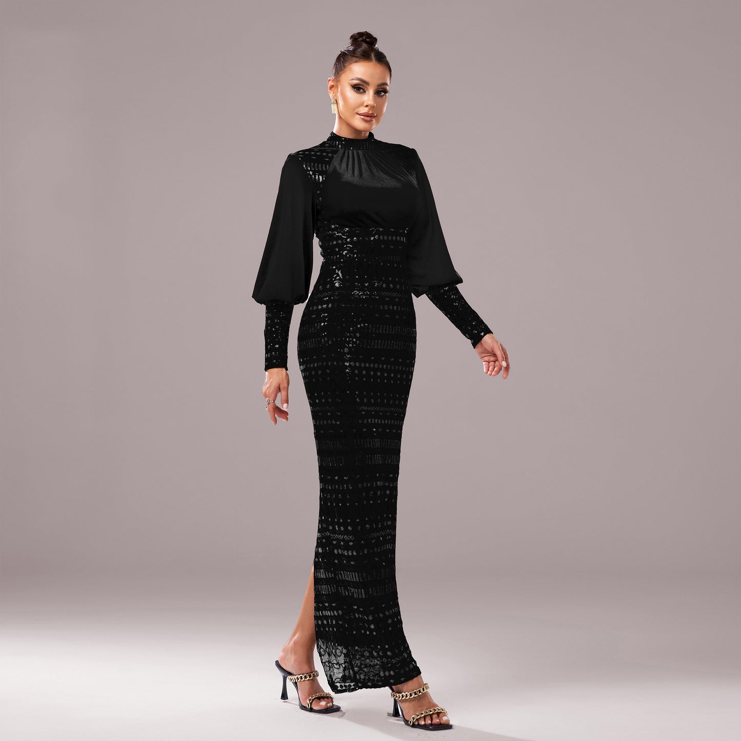 Long Sleeve Round Neck Sequins Evening Dress