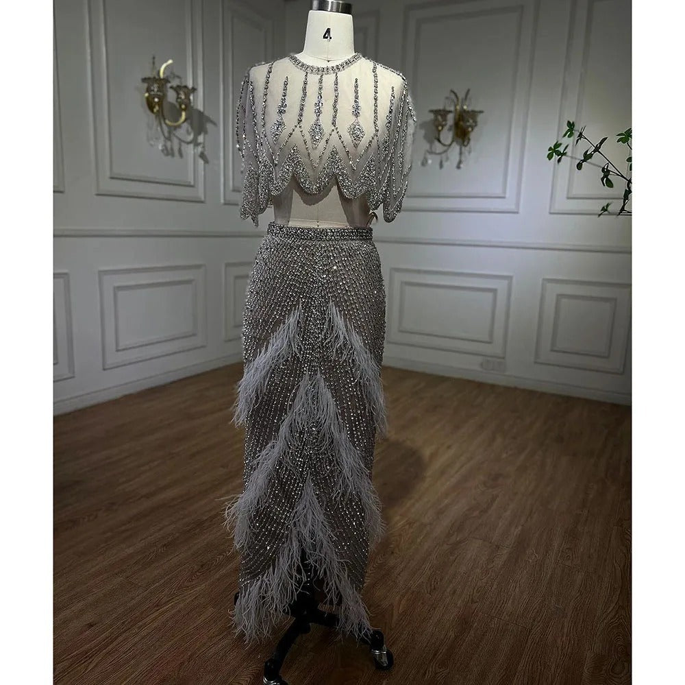 Slim-fit Silver Feather Evening Dress