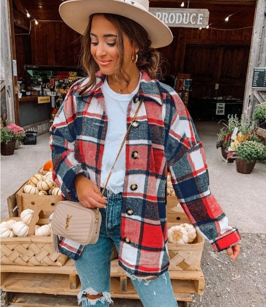 Autumn And Winter Long-Sleeved Loose Plaid Shirt Jacket Women