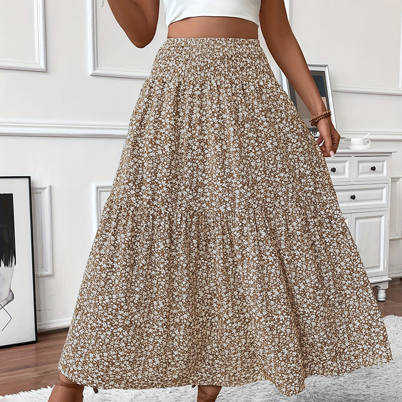 Floral Maxi Skirt - High Elastic Waist, Pleated A-Line Long Skirt