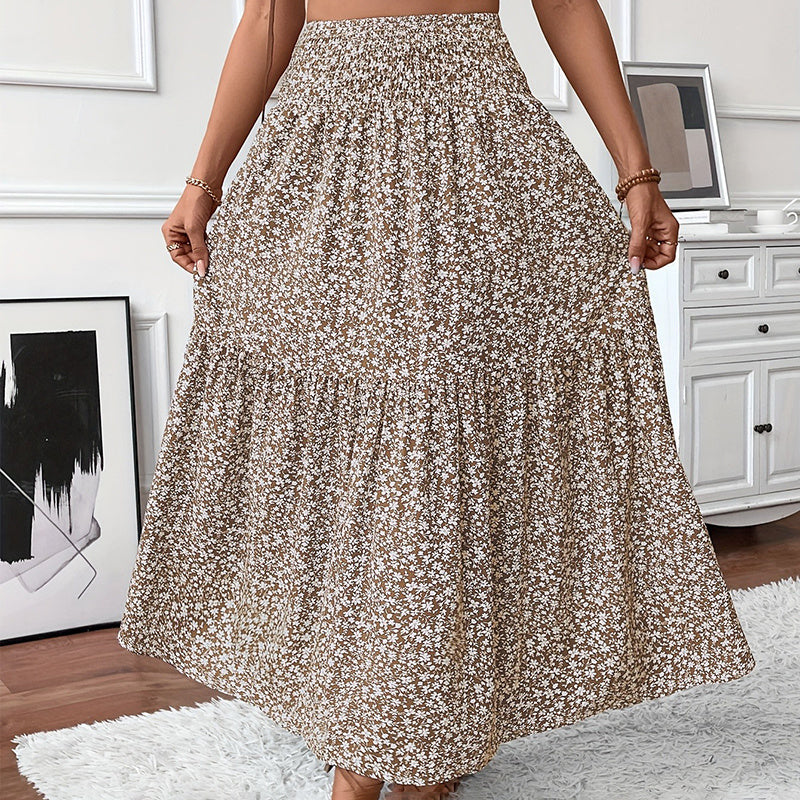 Floral Maxi Skirt - High Elastic Waist, Pleated A-Line Long Skirt