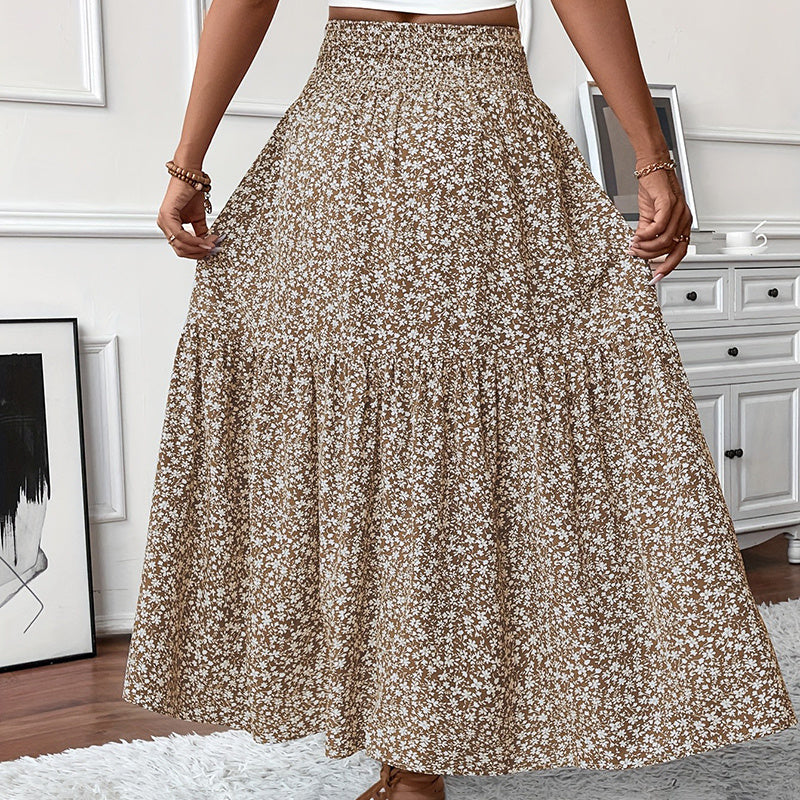 Floral Maxi Skirt - High Elastic Waist, Pleated A-Line Long Skirt