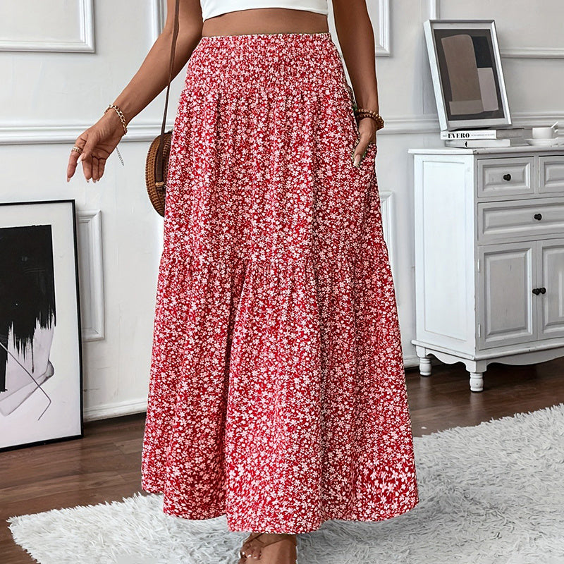 Floral Maxi Skirt - High Elastic Waist, Pleated A-Line Long Skirt