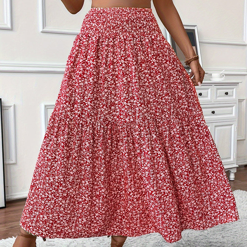 Floral Maxi Skirt - High Elastic Waist, Pleated A-Line Long Skirt