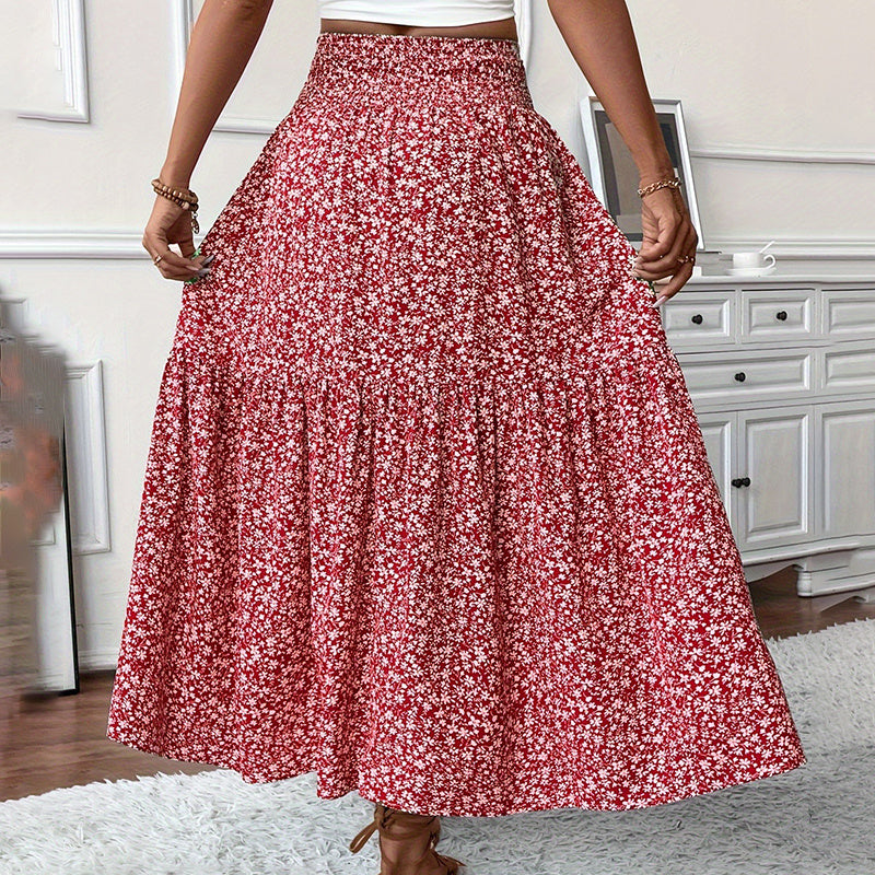 Floral Maxi Skirt - High Elastic Waist, Pleated A-Line Long Skirt