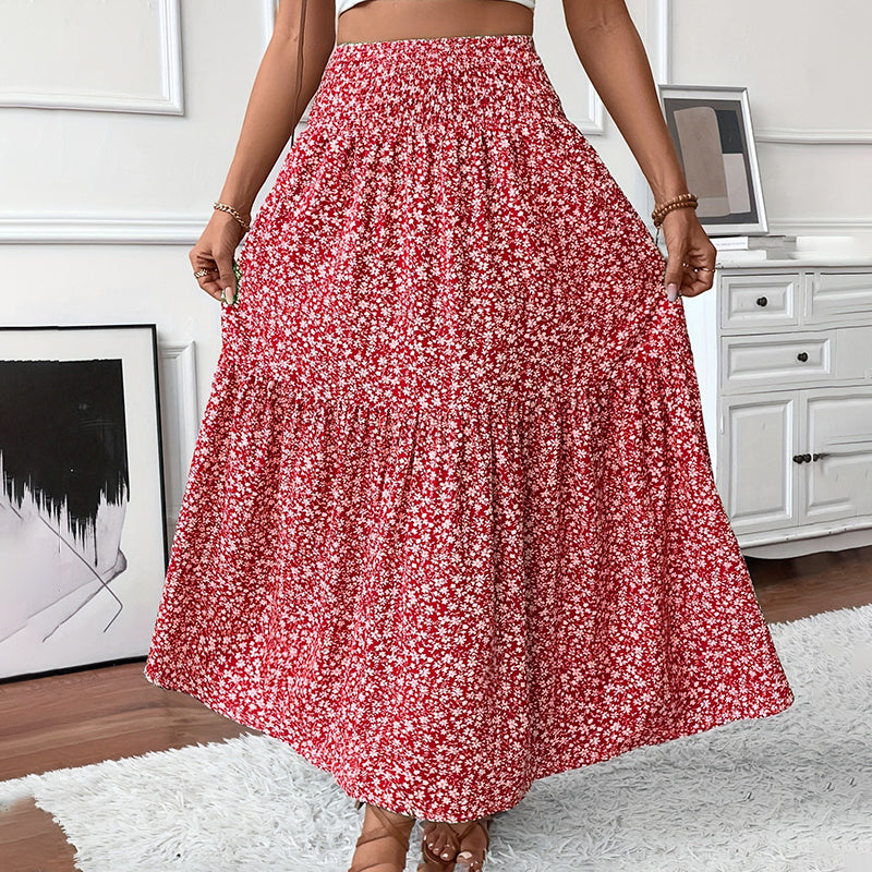 Floral Maxi Skirt - High Elastic Waist, Pleated A-Line Long Skirt