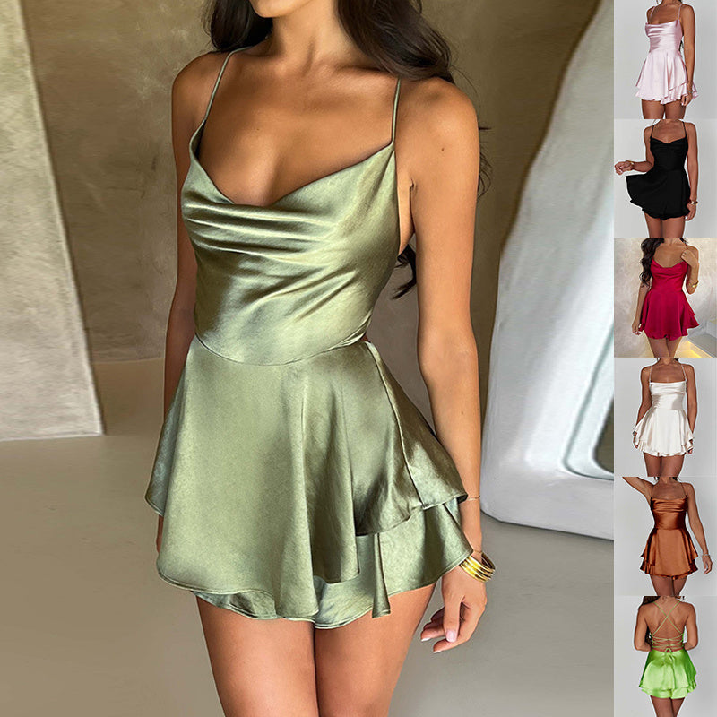 Elegant Slim Satin Backless Lace Up Short Dress