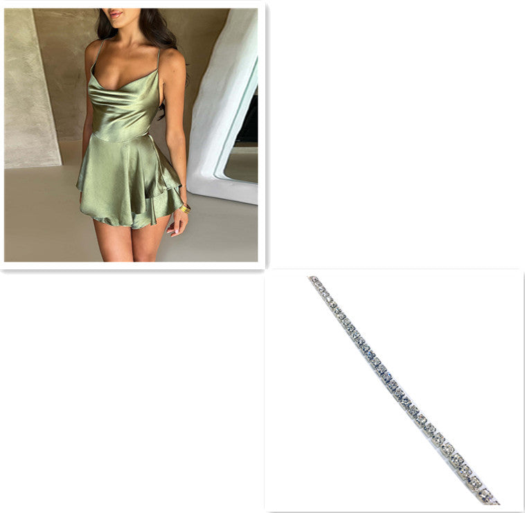 Elegant Slim Satin Backless Lace Up Short Dress