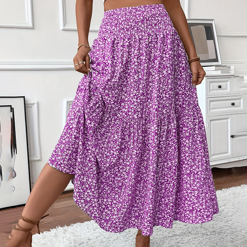 Floral Maxi Skirt - High Elastic Waist, Pleated A-Line Long Skirt