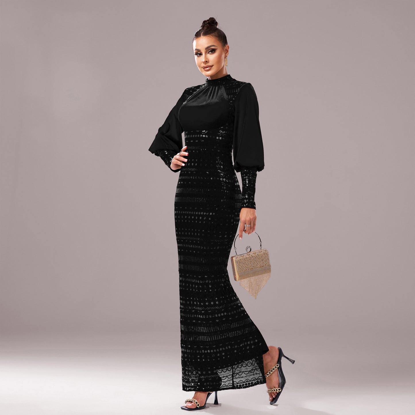Long Sleeve Round Neck Sequins Evening Dress