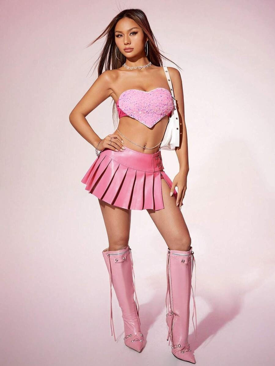 Sexy A-Line Pleated Leather Skirt