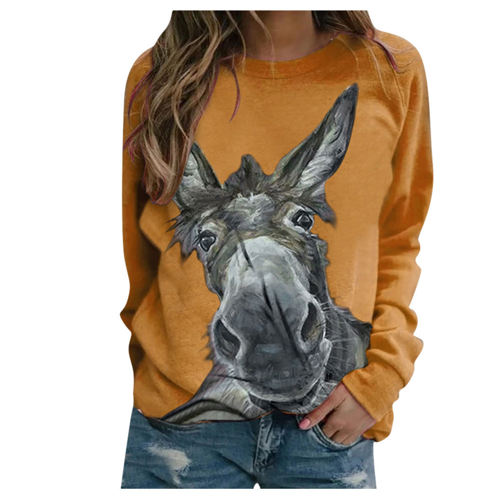 Loose Round Neck Donkey Head Floral Print Long Sleeve Pullover