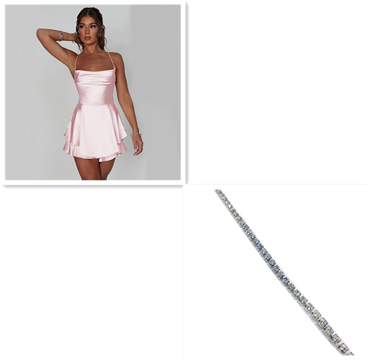 Elegant Slim Satin Backless Lace Up Short Dress