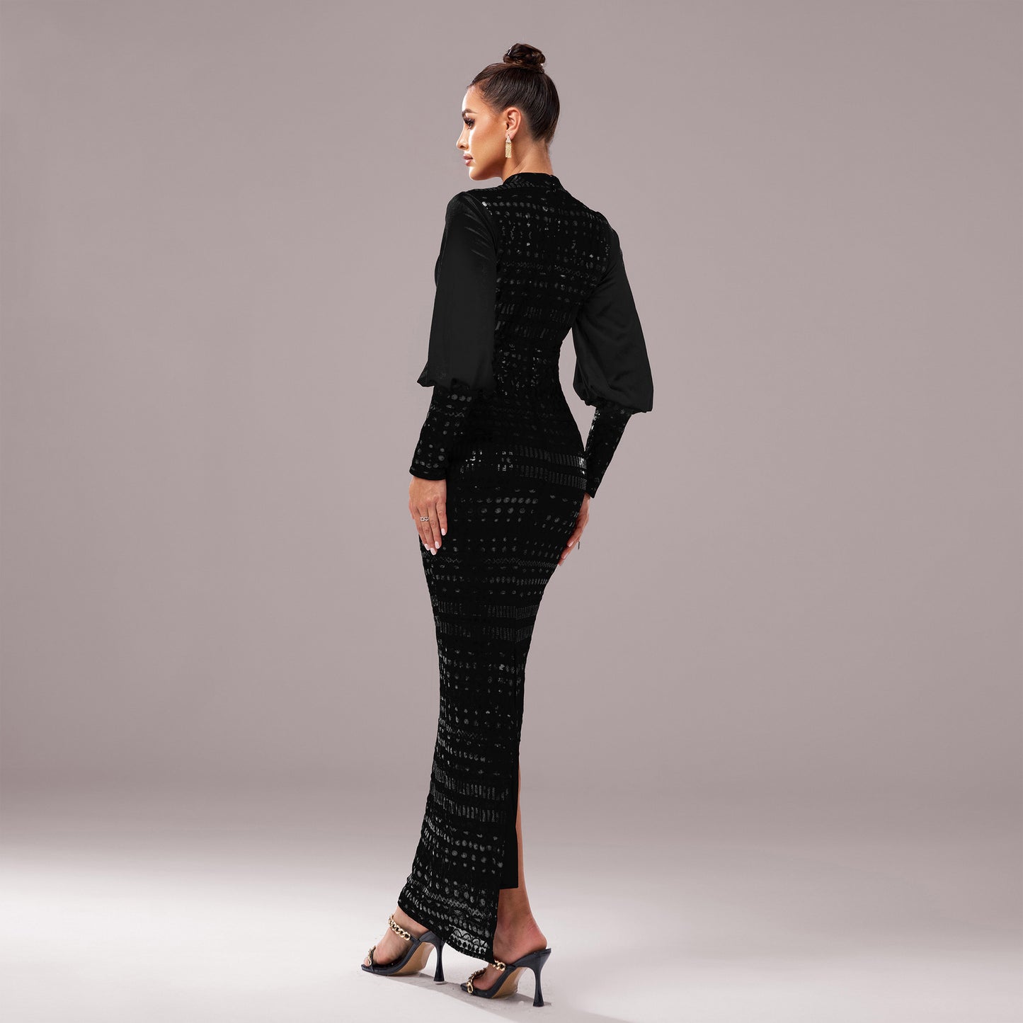 Long Sleeve Round Neck Sequins Evening Dress