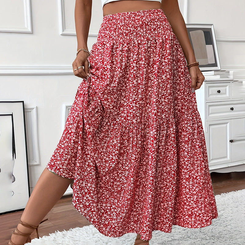 Floral Maxi Skirt - High Elastic Waist, Pleated A-Line Long Skirt