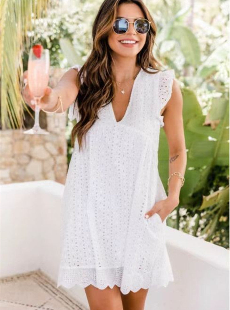 Jacquard Sleeveless Cutout V-Neck Summer Dress