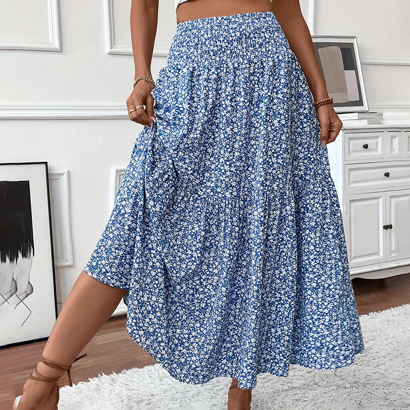 Floral Maxi Skirt - High Elastic Waist, Pleated A-Line Long Skirt