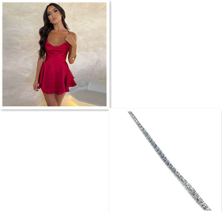 Elegant Slim Satin Backless Lace Up Short Dress