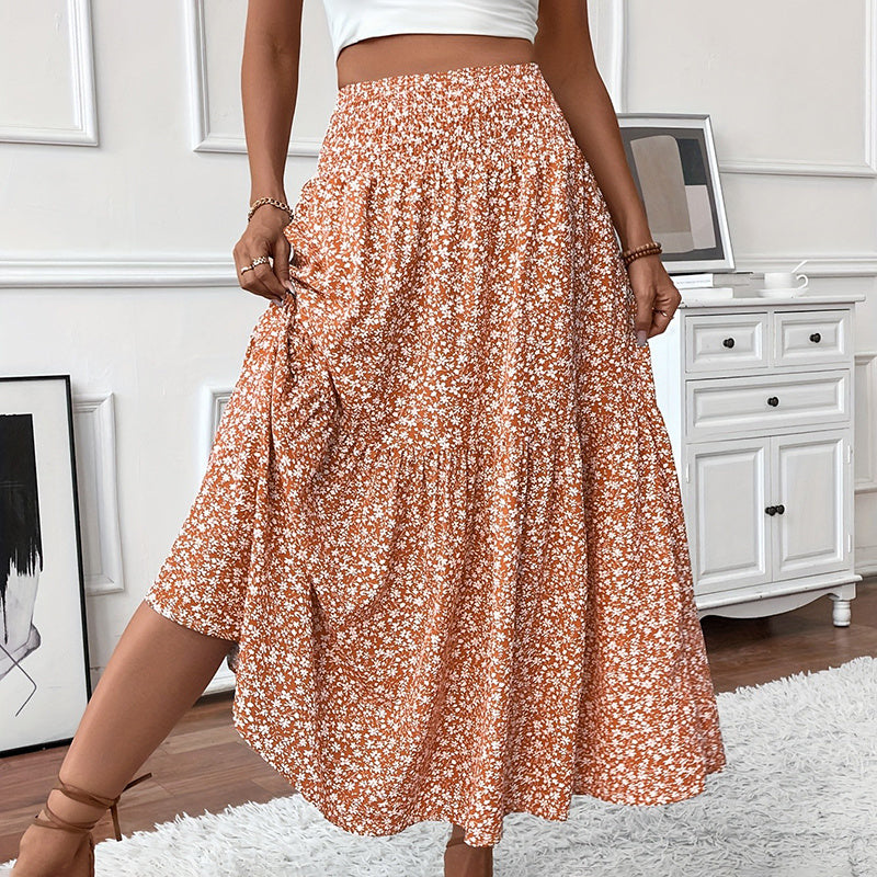 Floral Maxi Skirt - High Elastic Waist, Pleated A-Line Long Skirt
