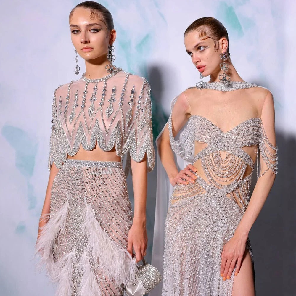 Slim-fit Silver Feather Evening Dress
