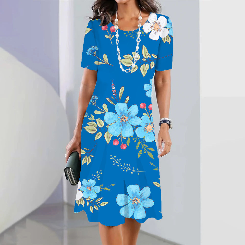 Floral Blue Round Neck Dress