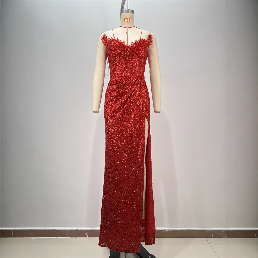 Sexy Diamond Low-cut Red Paillette Dress