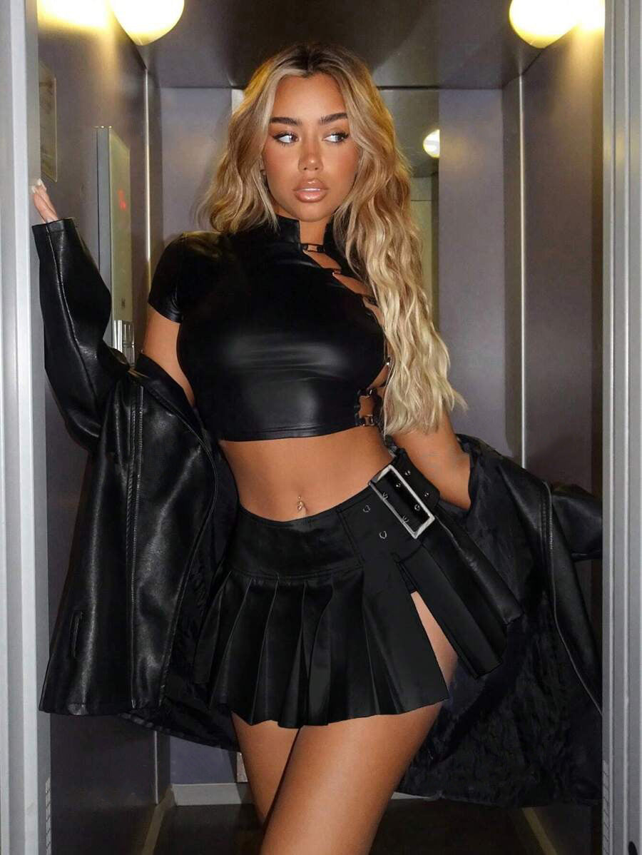Sexy A-Line Pleated Leather Skirt