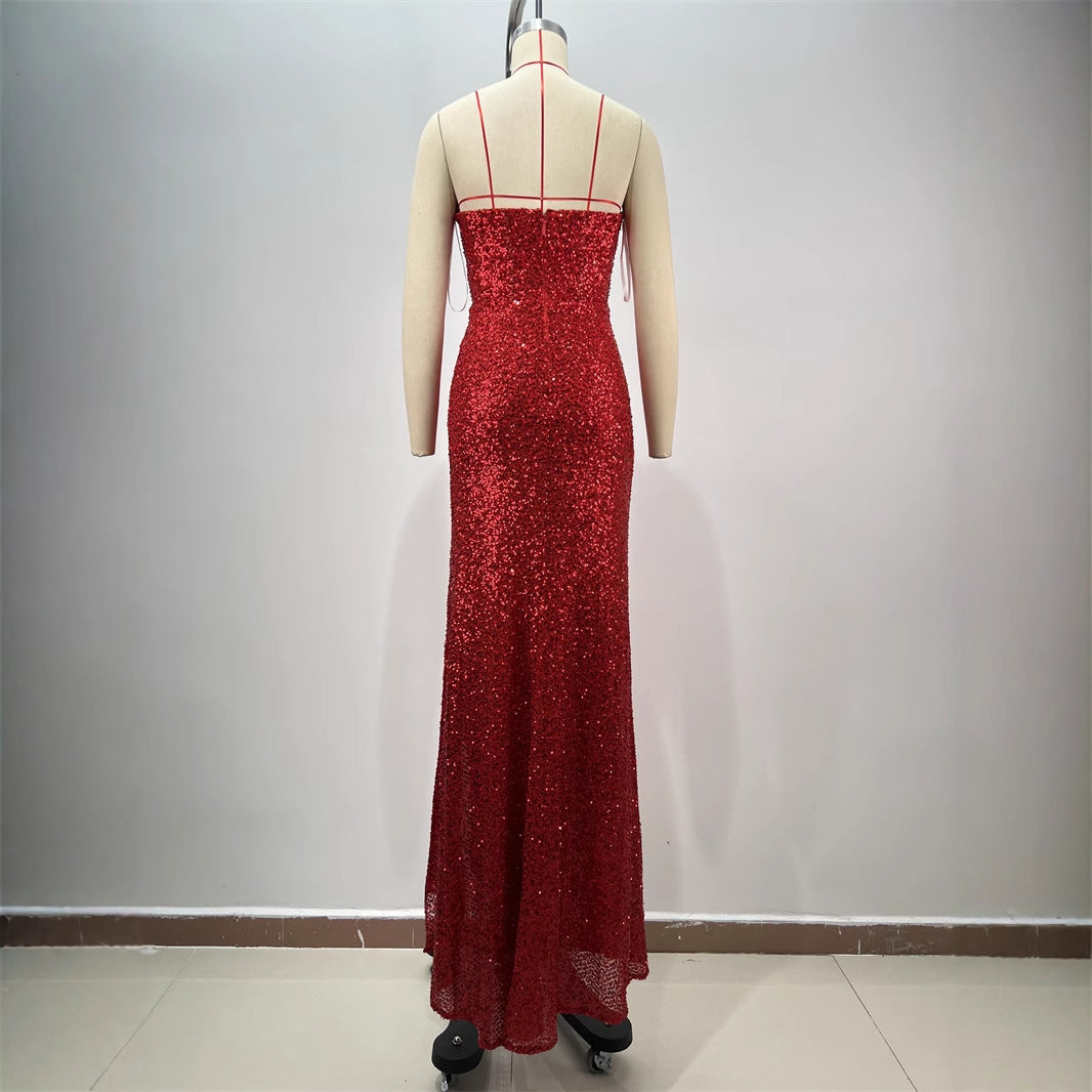 Sexy Diamond Low-cut Red Paillette Dress