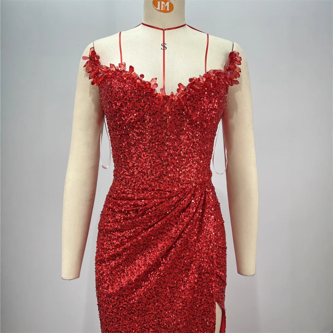 Sexy Diamond Low-cut Red Paillette Dress