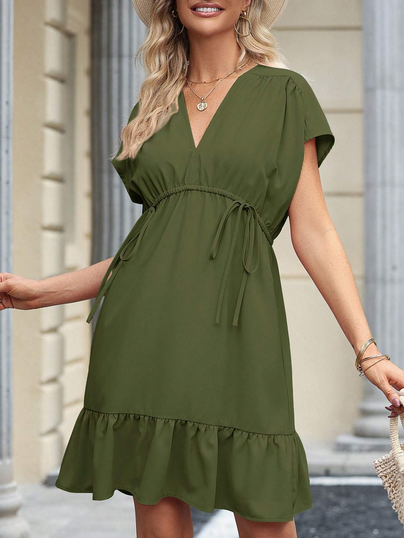 Short Sleeve Drawstring Casual Summer Dress