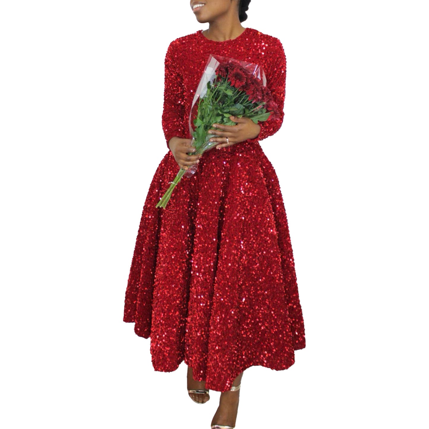 Women's Pure Color Sequins Mid-length Formal Dress