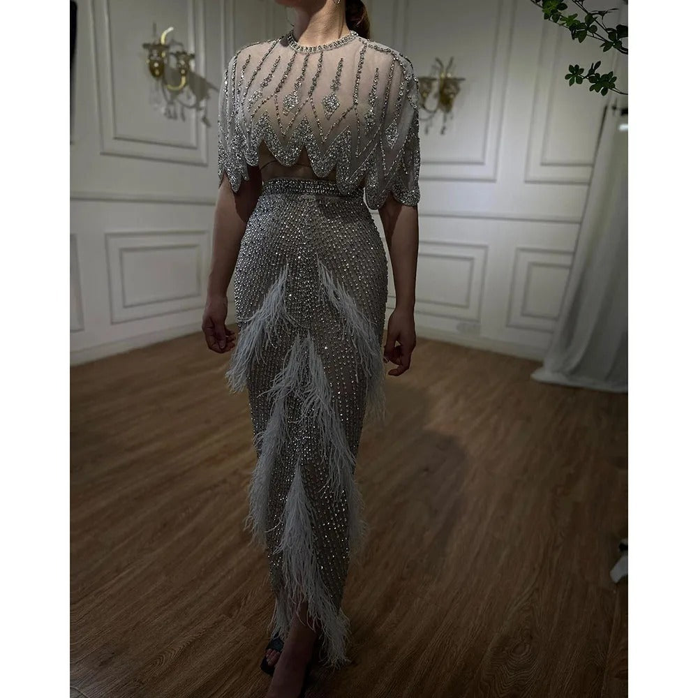Slim-fit Silver Feather Evening Dress