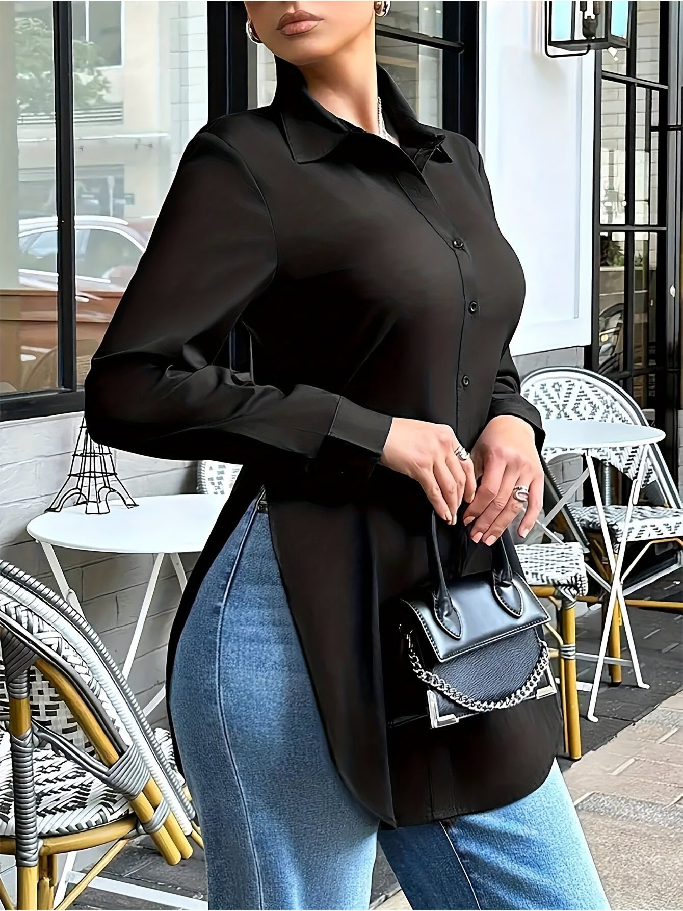 Timeless Style: Plus Size Maxi Button-Down Shirt – Long Sleeve V-Neck with Side Slit