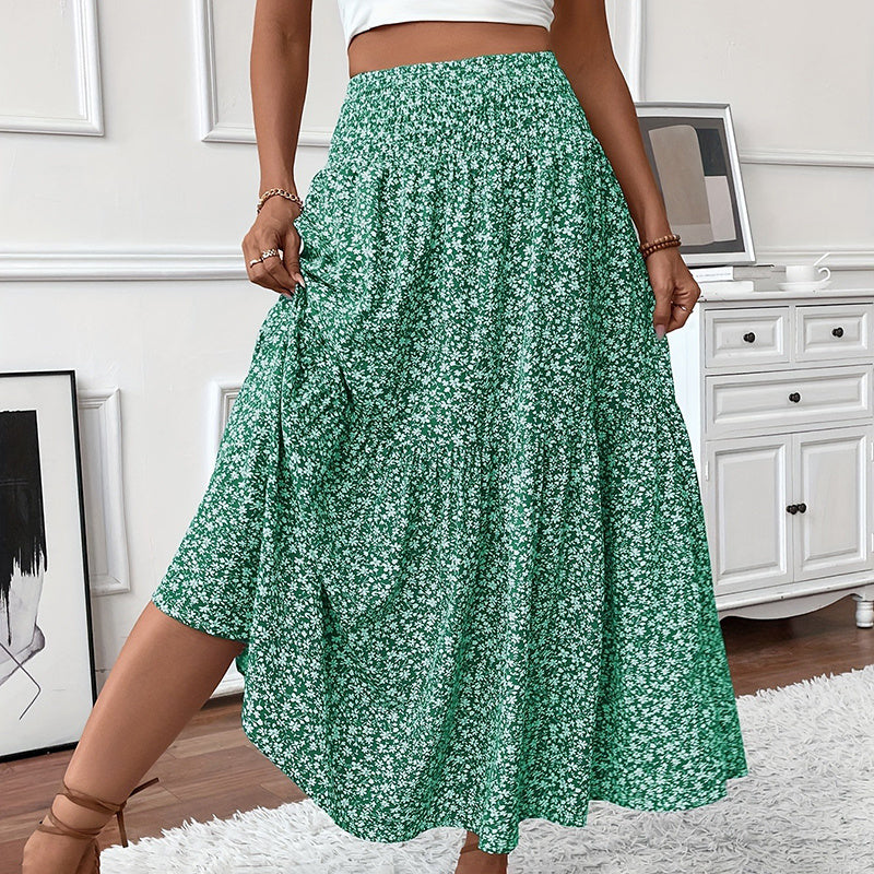 Floral Maxi Skirt - High Elastic Waist, Pleated A-Line Long Skirt