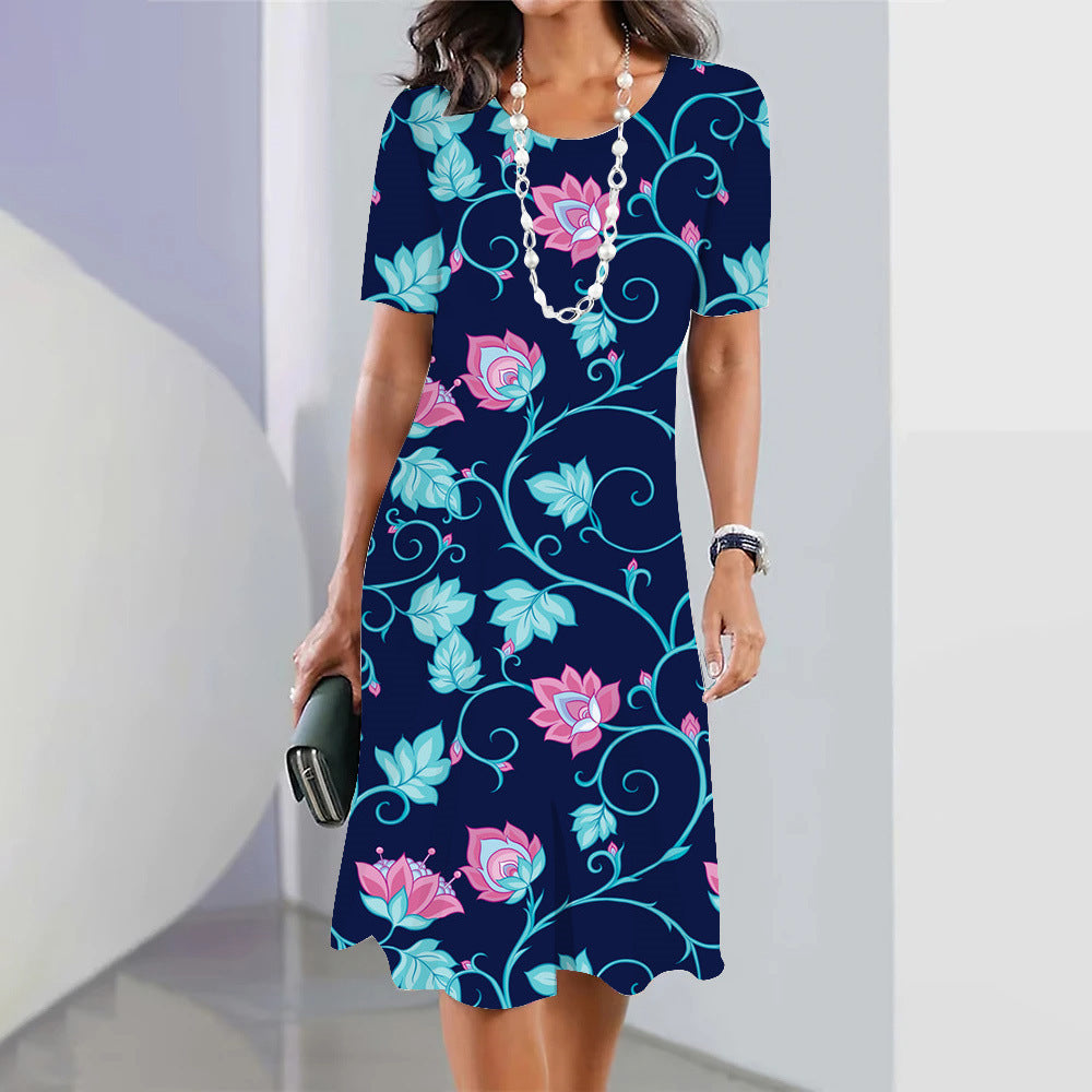 Floral Blue Round Neck Dress