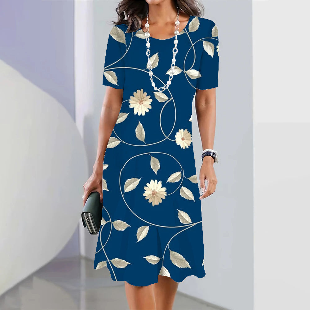 Floral Blue Round Neck Dress