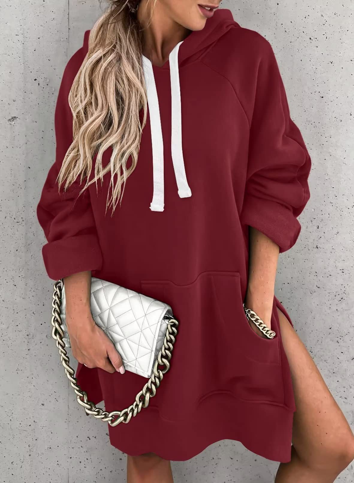 Women's Solid Color Hooded Mid-length Sweater