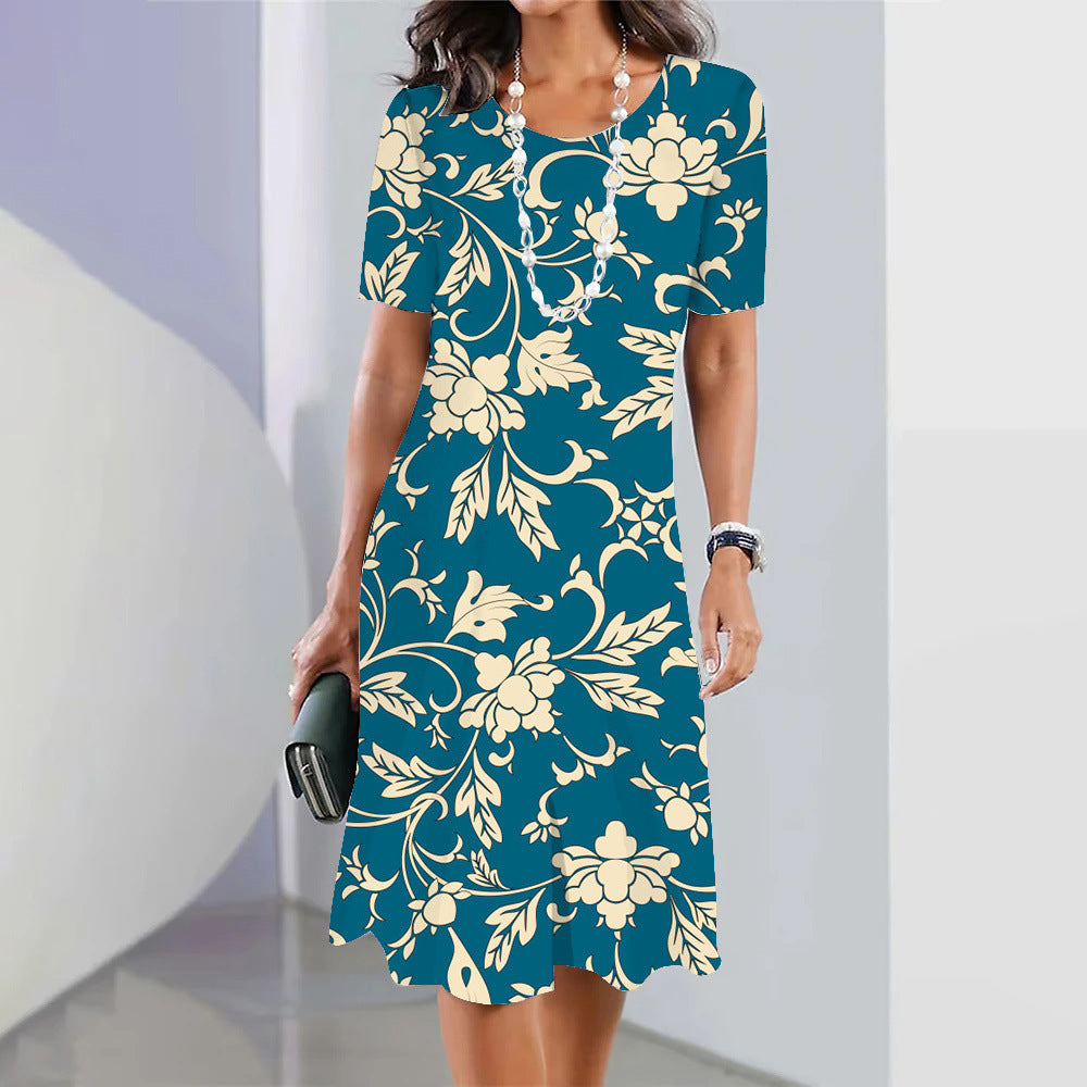 Floral Blue Round Neck Dress