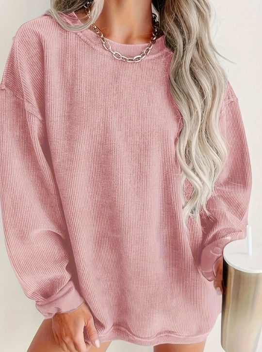 Solid Ribbed Pullover Sweatshirt