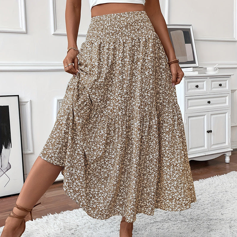 Floral Maxi Skirt - High Elastic Waist, Pleated A-Line Long Skirt