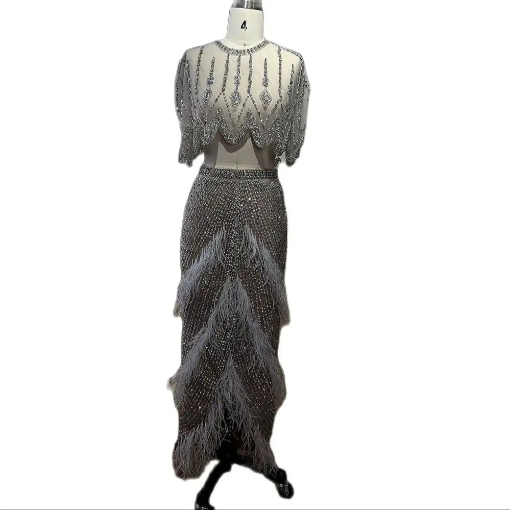 Slim-fit Silver Feather Evening Dress