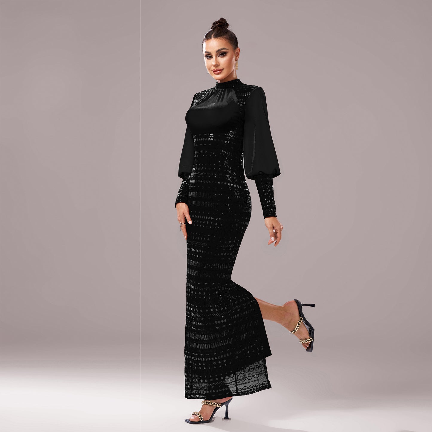 Long Sleeve Round Neck Sequins Evening Dress