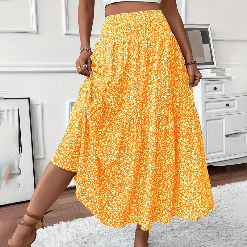 Floral Maxi Skirt - High Elastic Waist, Pleated A-Line Long Skirt