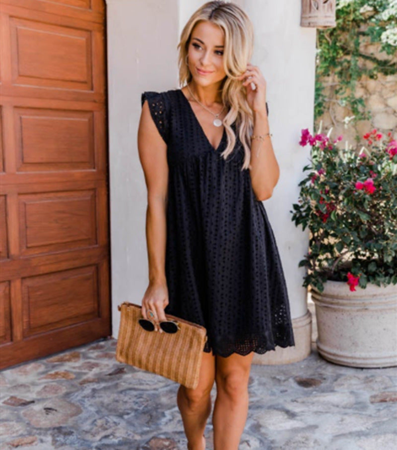 Jacquard Sleeveless Cutout V-Neck Summer Dress