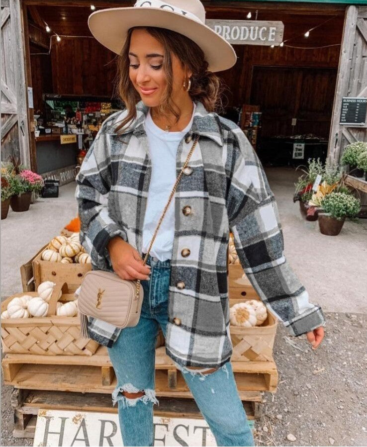 Autumn And Winter Long-Sleeved Loose Plaid Shirt Jacket Women