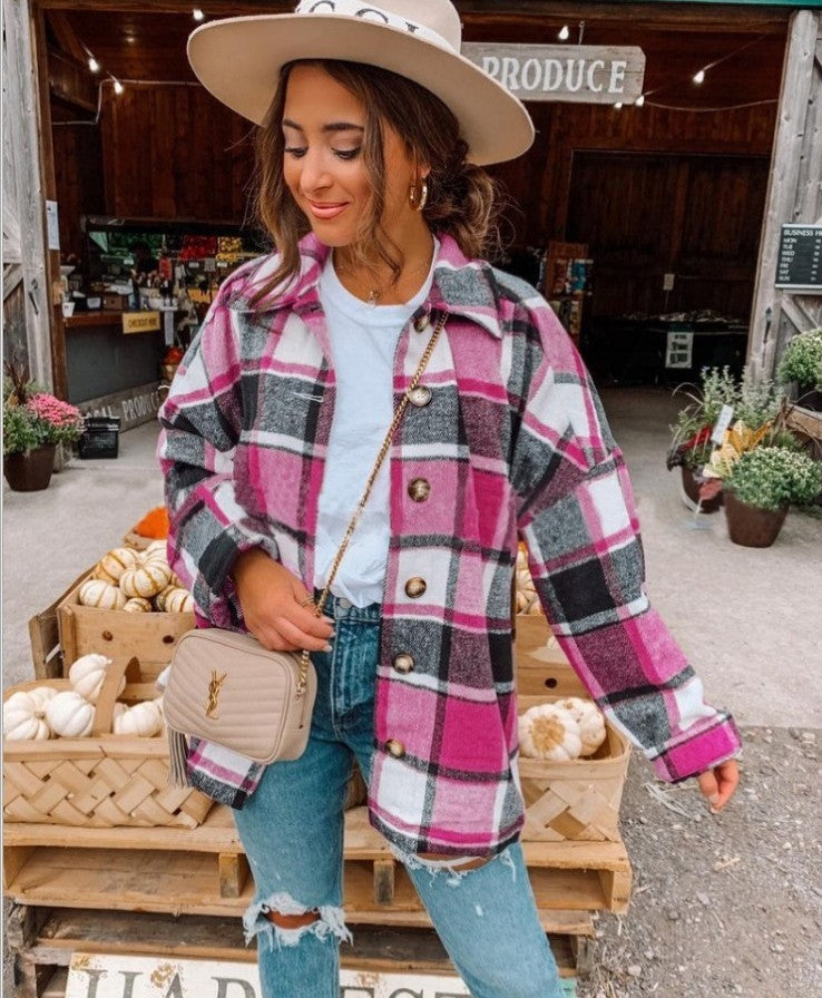 Autumn And Winter Long-Sleeved Loose Plaid Shirt Jacket Women