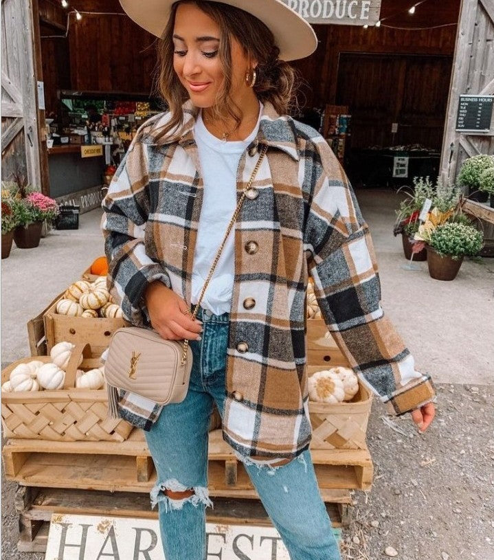 Autumn And Winter Long-Sleeved Loose Plaid Shirt Jacket Women