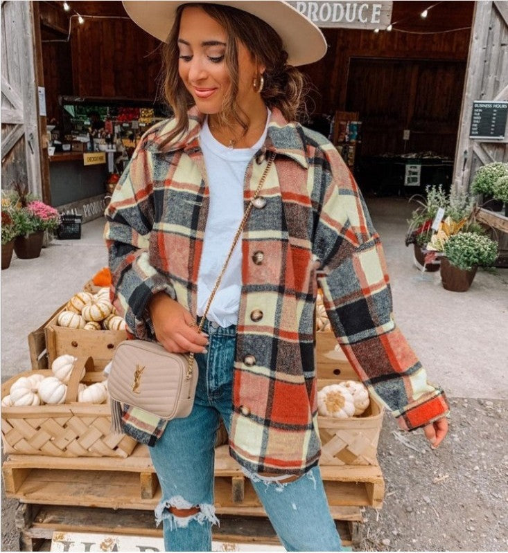 Autumn And Winter Long-Sleeved Loose Plaid Shirt Jacket Women