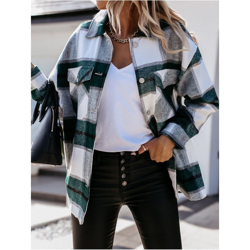 Autumn And Winter Long-Sleeved Loose Plaid Shirt Jacket Women